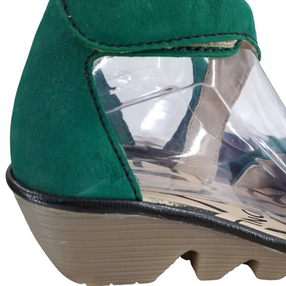 Fly London Piat Green Leather Wedge Ankle Strap Shoes Size 38 US 7.5-8 Mary Jane - Picture 12 of 13